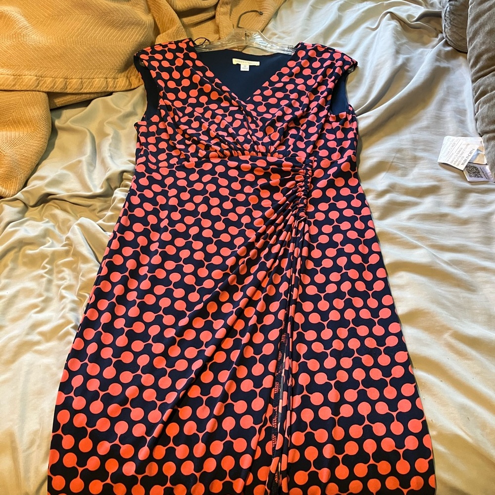 London Times Orange and Pink Asymmetrical Ruched Midi Dress